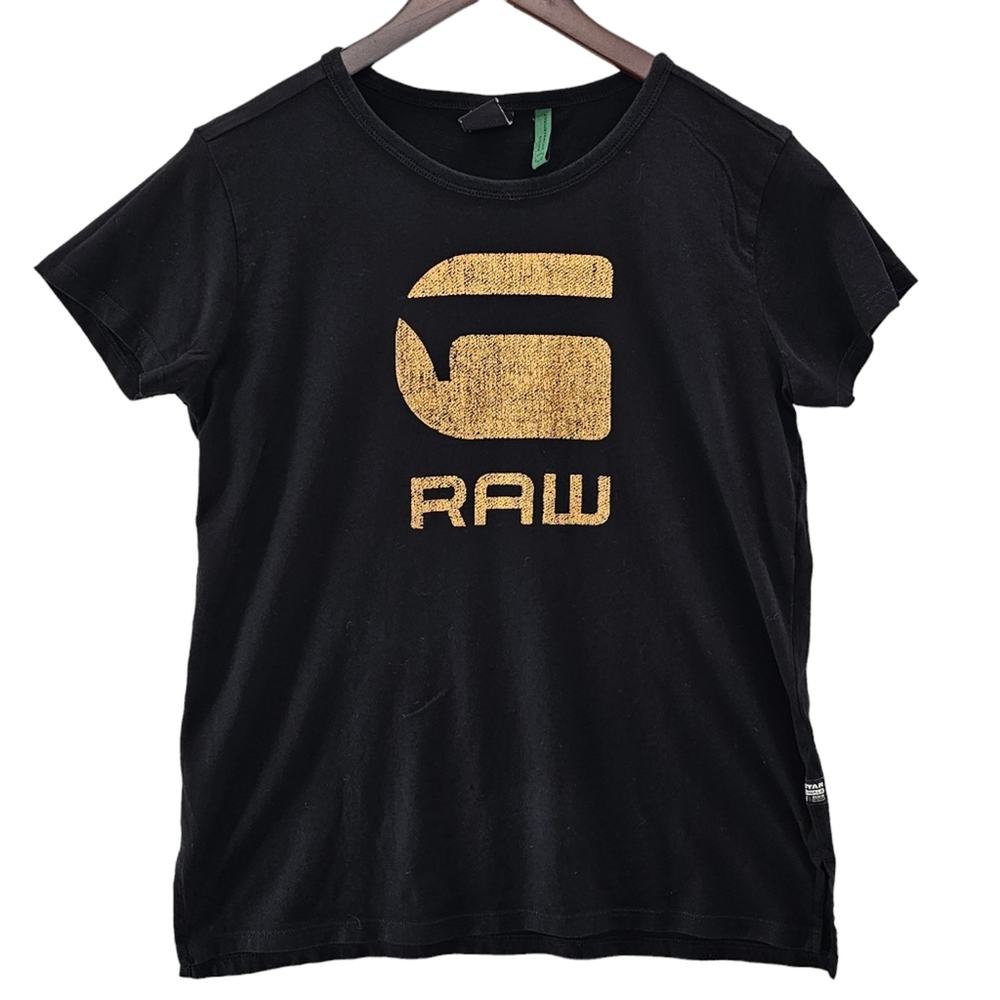 G Star Raw Shirt Womens Size Small Black Gold Short Sleeve Graphic Logo Tshirt